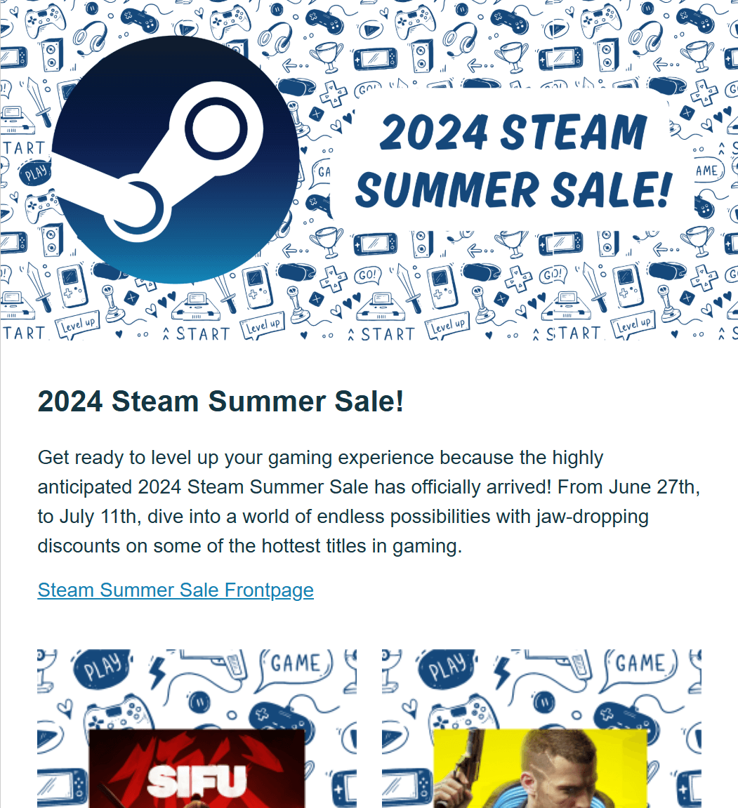 Steam summer sale email design screenshot